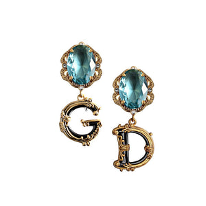 Blue Gem Asymmetrical Letter DG Vine Women Earrings