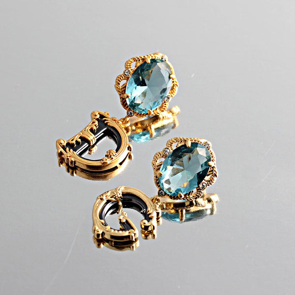 Blue Gem Asymmetrical Letter DG Vine Women Earrings