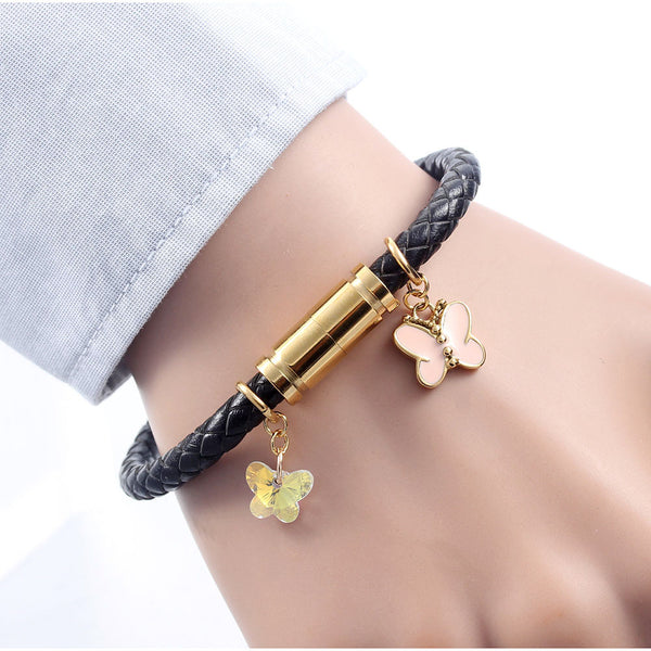 New Golden Butterfly Flashing Butterfly Crystal Pendant  Magnetic Clasp Lucky Leather Braided Rope Bracelet Bangle