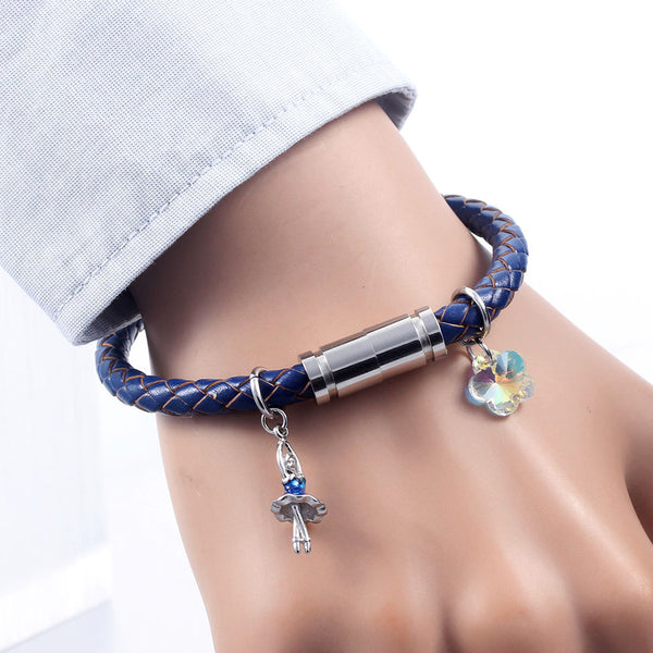 New Ballet Flashing Flower Crystal Pendant Magnetic Clasp Lucky Leather Braided Rope Bracelet Bangle