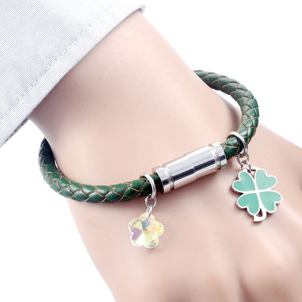 New Four Leaf Clover Flashing Flower Crystal Pendant  Magnetic Clasp Lucky Leather Braided Rope Bracelet Bangle