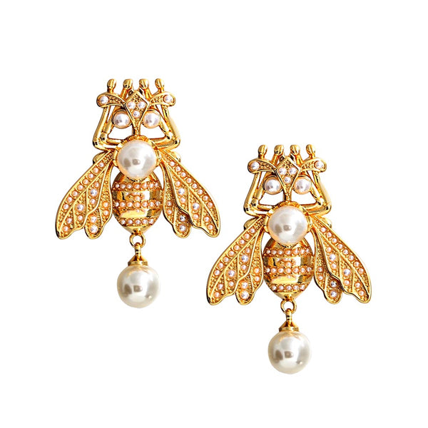 Vintage Bee Insect Pearl Women Earrings