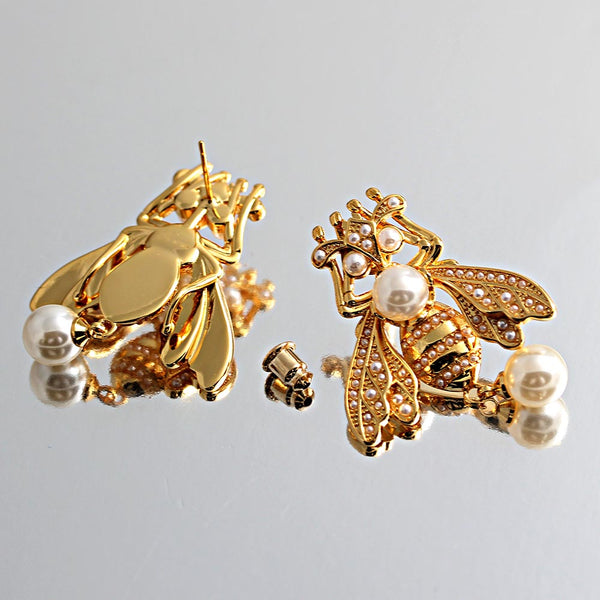 Vintage Bee Insect Pearl Women Earrings