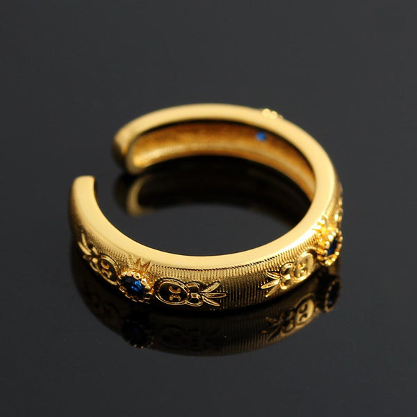 Palace Medieval Carved Brushed Inlaid Small Round Diamond Adjustable Women Ring