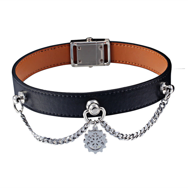 New Steel Snowflake Pendant Tassel Chain Button Buckle Sexy Punk Leather necklace collar Choker Necklaces 36CM