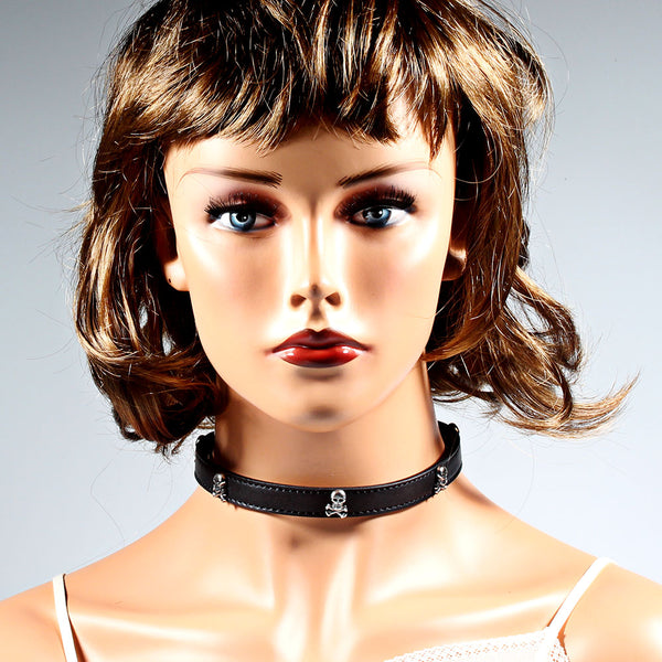 New Steel Skull Bone Simple  Button Buckle Punk Leather necklace collar Choker Necklaces36CM