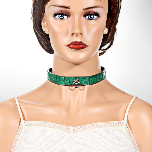 Green Snake Genuine Leather Button Buckle hip hop rock Leather necklace collar Choker Necklaces 41CM