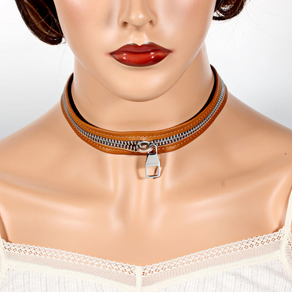 New Zipper With Puller Teech  Button Buckle Punk Leather necklace collar Choker Necklaces 36CM