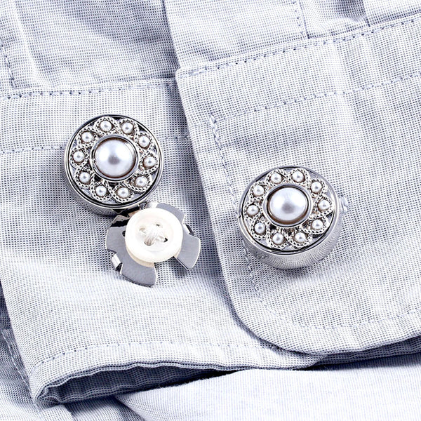 New Hemp Lace Pearl All-Match Trench Coat Silver Button Cover For Tuxedo Business Formal Shirts 17.5MM One Pair