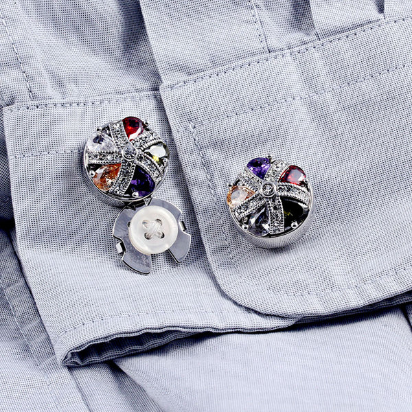 New Crown Colorful Crystal Noble Silver Button Cover For Tuxedo Business Formal Shirts 17.5MM One Pair