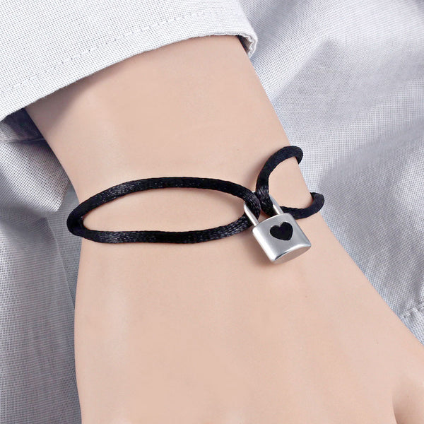 New black Lock With Heart Embrace Ambition Stainless Steel Adjustable Rope Bracelet