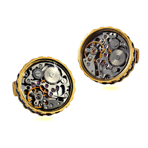 Watch Mechanical Movement Glass Surface Gear Edge Casting Stainless Steel 316L 18K gold plating Cufflinks For Tuxedo Business Formal Shirts One Pairs