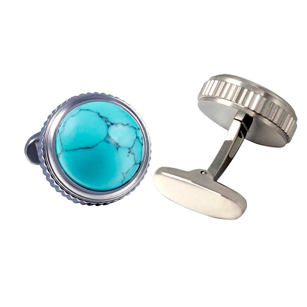 Natural Blue Turquoise HighTower Serrated Side Stainless steel 316L Cufflinks for Tuxedo Shirts