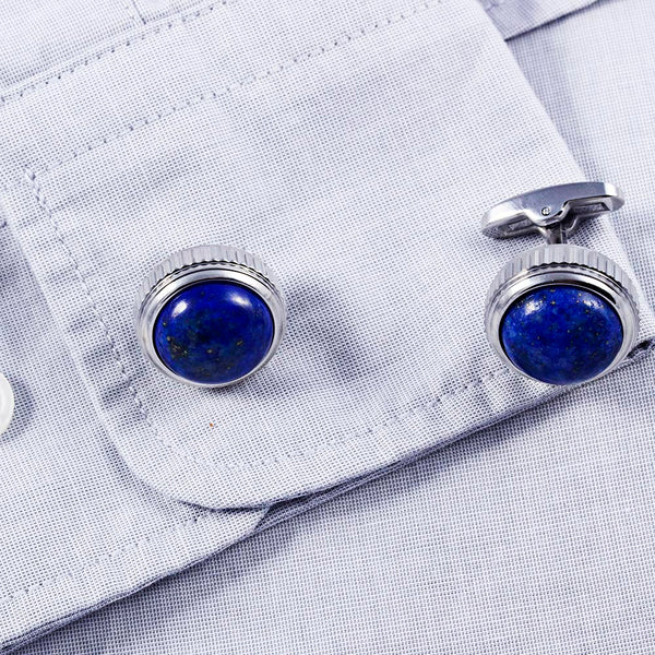 Natural Stone Shell Lazuli Turquoise HighTower Serrated Side Stainless steel 316L Cufflinks for Tuxedo Shirts