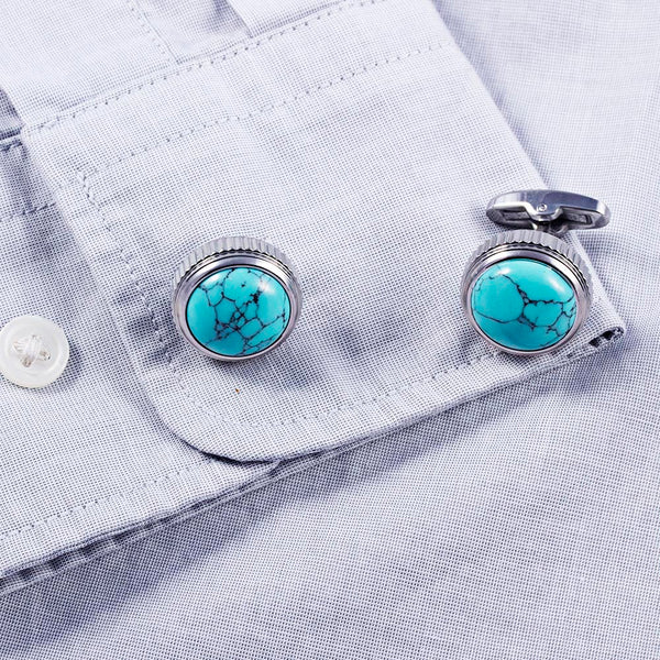 Natural Blue Turquoise HighTower Serrated Side Stainless steel 316L Cufflinks for Tuxedo Shirts