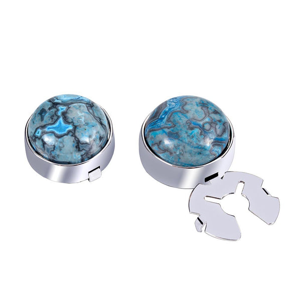 forcehold Blue Crazy Blue Agate Stone Silver BUTTON COVER for Tuxedo Business Formal Shirts 17.6MM one pair