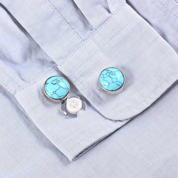 Forcehold Classical texture green turquoise  silver button cover for Tuxedo Business Formal Shirts 17.5MM one pair