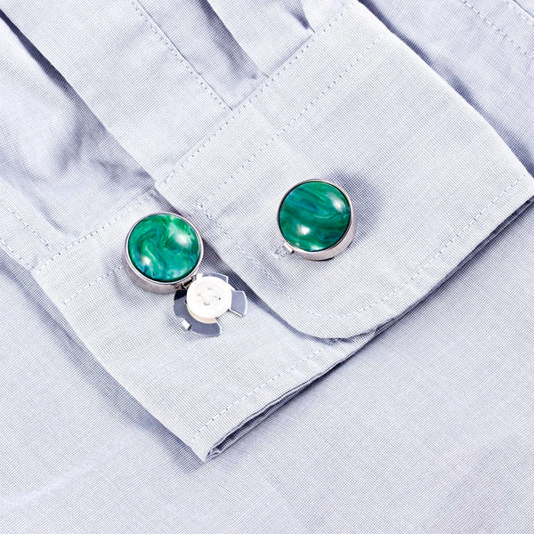 forcehold Cosmic nebula green agate stone  silver BUTTON COVER for Tuxedo Business Formal Shirts 17.5MM one pair