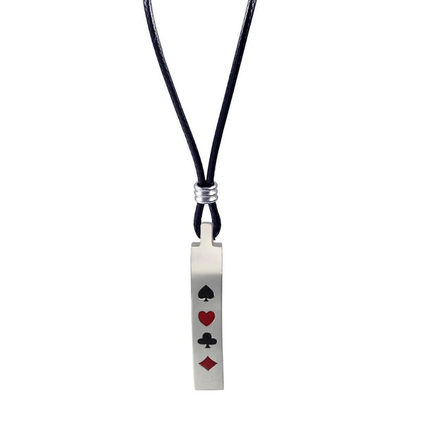 Poker Spade Heart Club Dianmond Pendant Stainless Steel Black Leather Rope Necklace