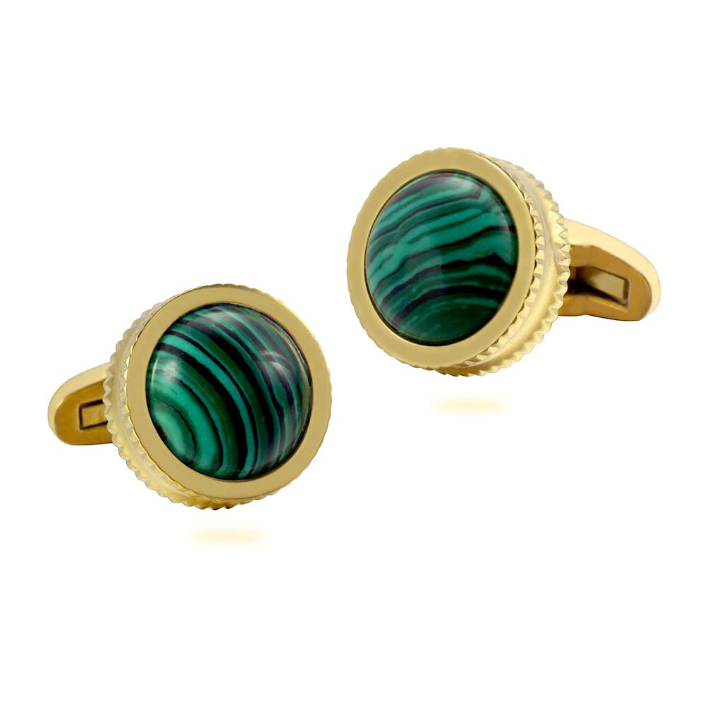 Green Malachite Stone High Heel Double Serrated Edges Stainless steel 316L 18K Gold Plating cufflinks for Tuxedo Business Formal Shirts one pairs