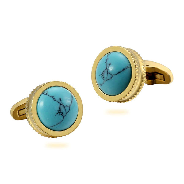 Blue Turquoise Stone High Heel Double Serrated Edges Stainless steel 316L 18K Gold Plating cufflinks for Tuxedo Business Formal Shirts one pairs