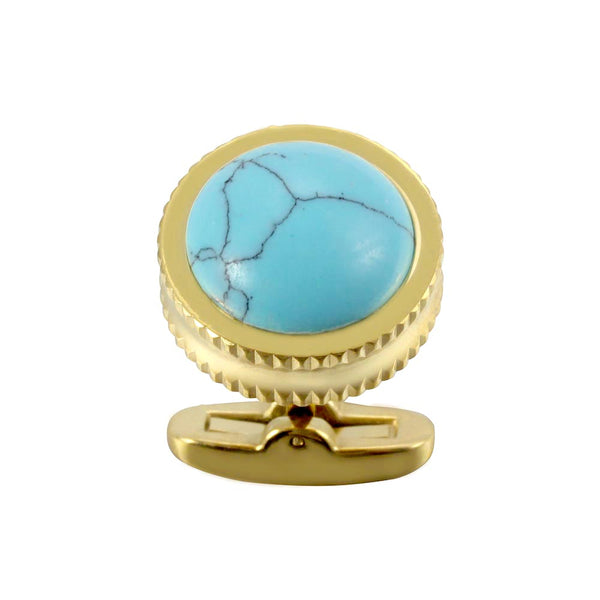 Blue Turquoise Stone High Heel Double Serrated Edges Stainless steel 316L 18K Gold Plating cufflinks for Tuxedo Business Formal Shirts one pairs
