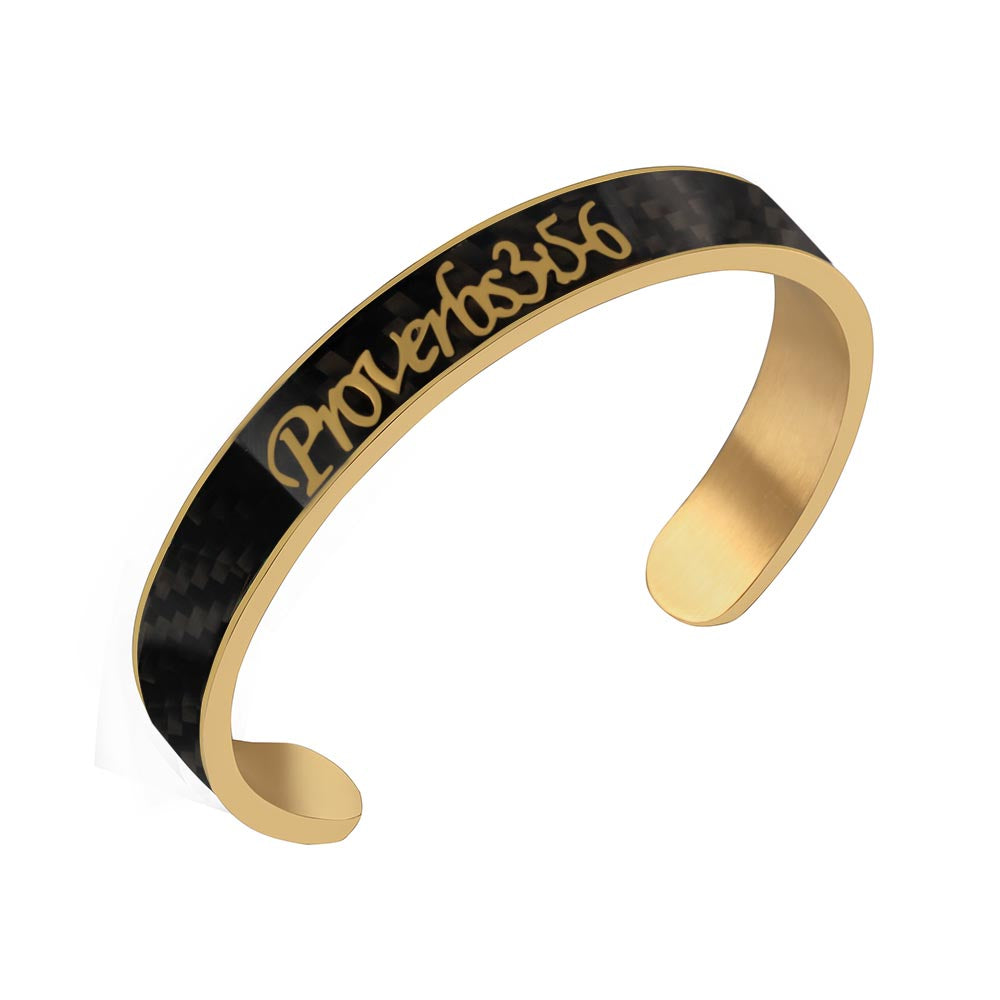 Holy Bible Sacred Word Proverbs 3:5-6 Black Carbon Fiber Gold Stainless Steel Cuff Bangle Open Bracelet