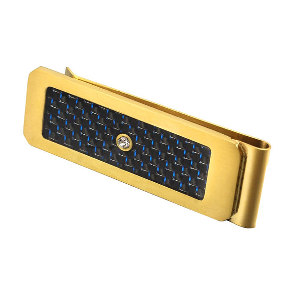 Blue With Black Carbon Fiber Drill Crystal Stainless Steel Golden Money Clip Cash Clip