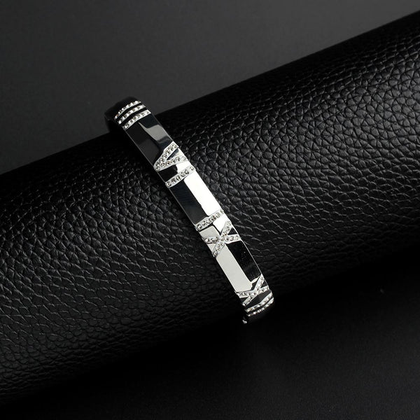 Luxury Retro Crystal Roman Numeral Couple Stainless Steel Bracelet Bangle