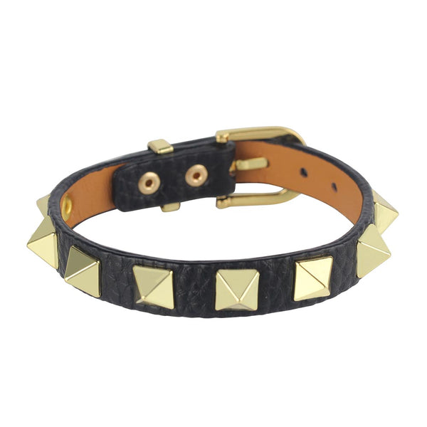 Adjustable Rivet Punk  Lychee Pattern Alloy PU Leather Belt Bracelet Bangle