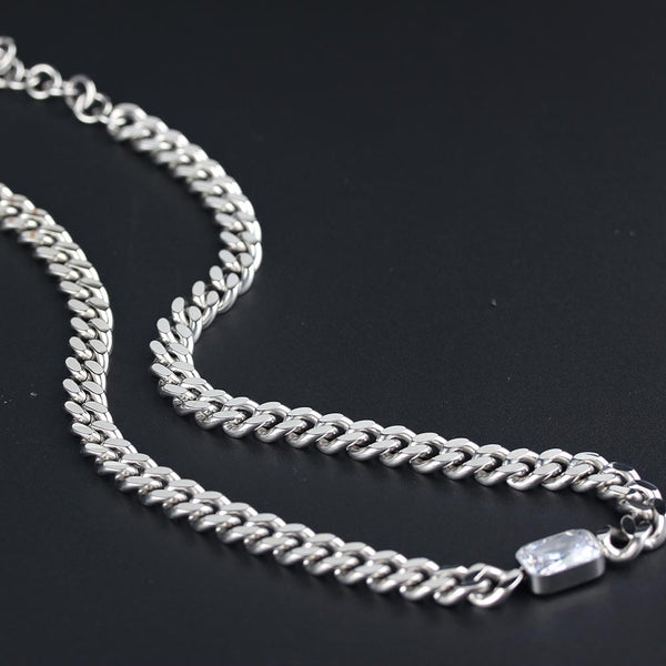 Exaggerated Cuban Chain Metallic Thick Chain Long Square Diamond Punk Thick Steel Necklace