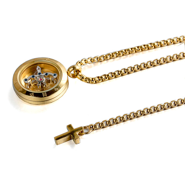 Forcehold gold Rotating movement glass cover screw opened with cross pendant stainless steel man necklace