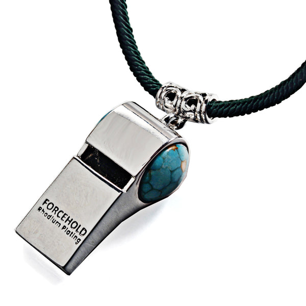 Blue Dinosaur Stone Football Whistle Help Whistle Rhodium Plated   Adjustable Length Dark Green Rope Necklace