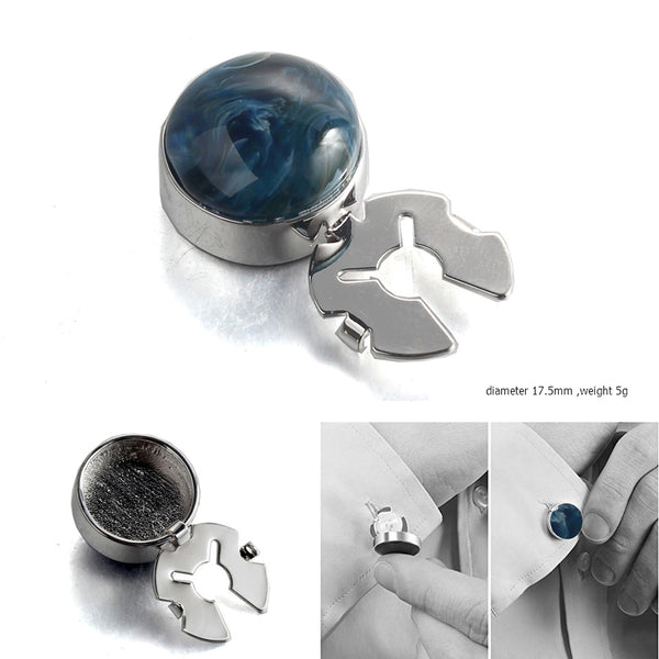 Forcehold Cosmic nebula blue agate stone  silver BUTTON COVER for Tuxedo Business Formal Shirts 17.5MM one pair