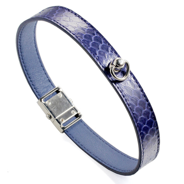 Blue Snake Genuine Leather Button Buckle Bar rock Leather necklace collar Choker Necklaces 41CM