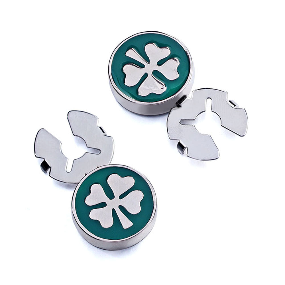 New Green Clover Enamel Silver Button Cover For Tuxedo Business Formal Shirts 17.5MM One Pair