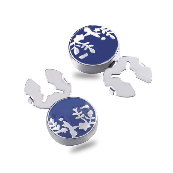 New Blue Tree Vine Enamel Silver Button Cover For Tuxedo Business Formal Shirts 17.5MM One Pair
