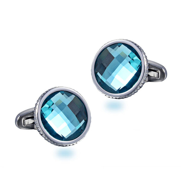 Sky Blue Multi-faceted Shiny Crystal Casting Serrated  stainless steel 316L cufflinks for Tuxedo Business Formal Shirts one pairs