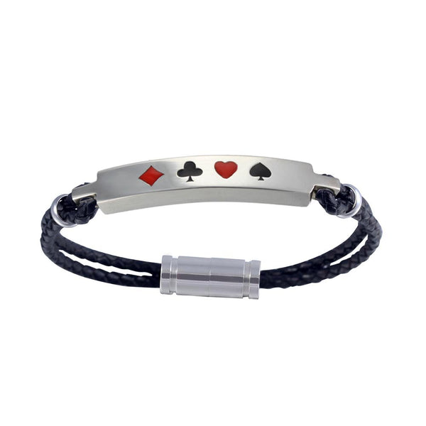 Poker Spade Heart Club Dianmond Pendant Stainless Steel Black Leather Rope bracelet