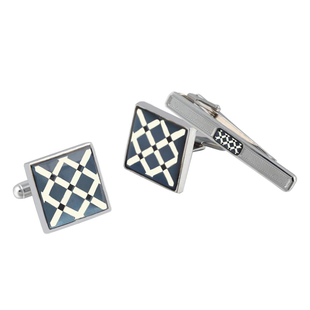 square grid Silver Plated wedding best man Cufflinks and tie clip one set
