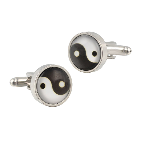 black and white tai chi pattern french style Silver Plated Cufflinks