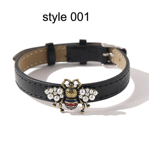 Vintage Pearl Bee Insect Black Leather Bracelet