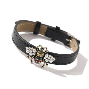 Vintage Pearl Bee Insect Black Leather Bracelet