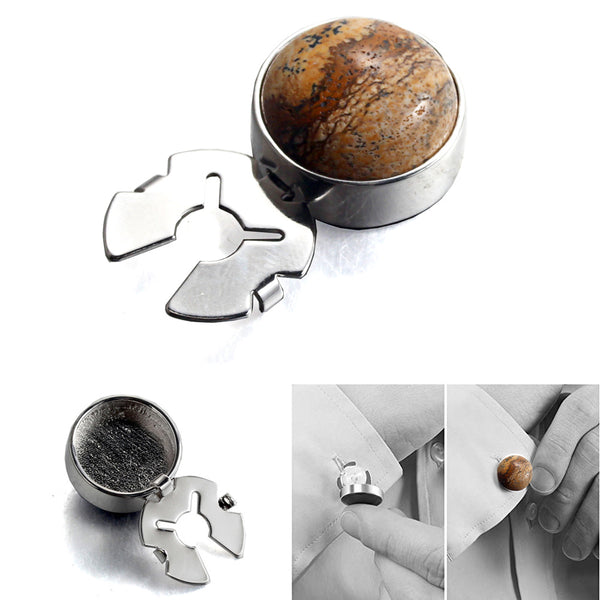 Natural picture stone map coffee color silver BUTTON COVER for Tuxedo Business Formal Shirts 17.5MM one pairs