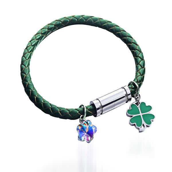 New Four Leaf Clover Flashing Flower Crystal Pendant  Magnetic Clasp Lucky Leather Braided Rope Bracelet Bangle