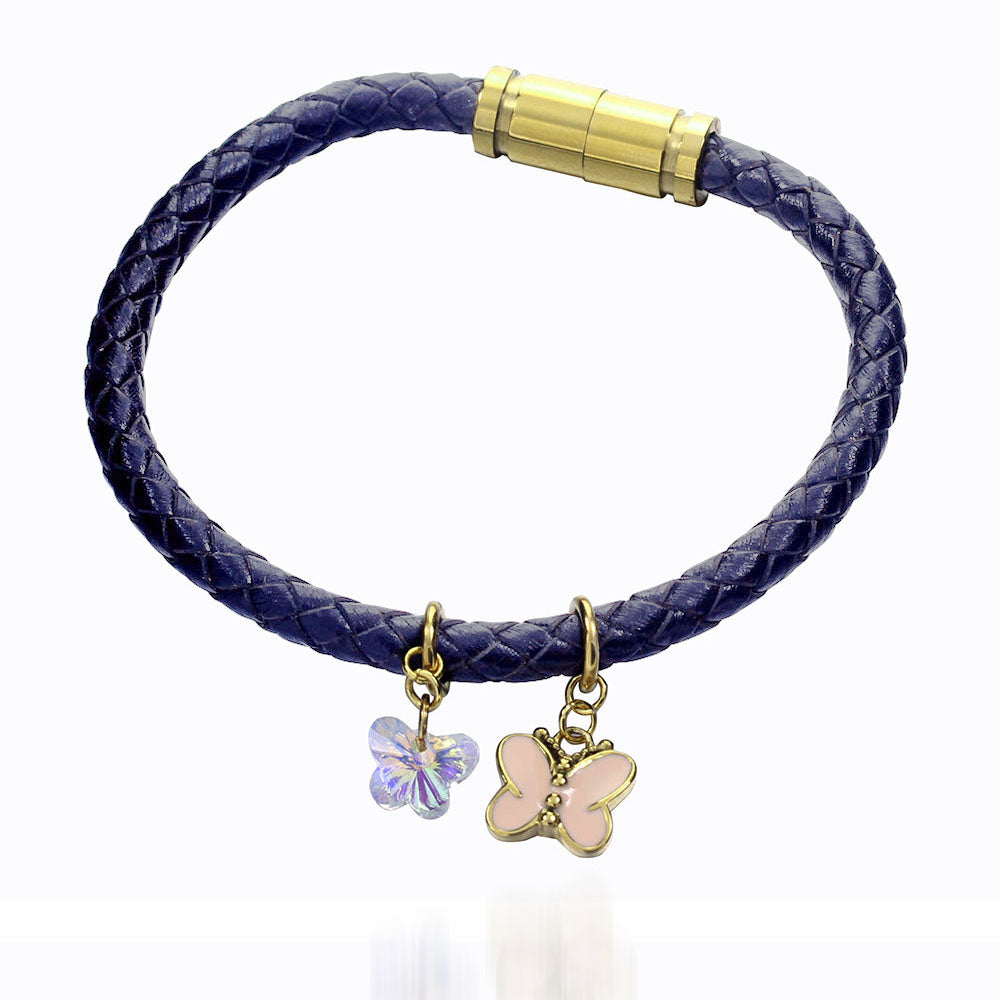 New Golden Butterfly Flashing Butterfly Crystal Pendant  Magnetic Clasp Lucky Leather Braided Rope Bracelet Bangle