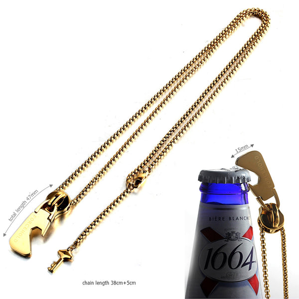 FORCEHOLD Bottle Opener gold Necklace Zipper Head with Key Pendant Stainless Steel Necklace,Traveler Tools for Men As Gifts