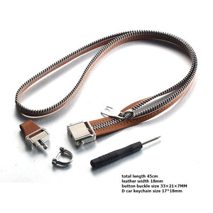 Brown Leather zipper button buckle phone lanyard car key card holder Phone Safety Strap Neck Strap 45cm