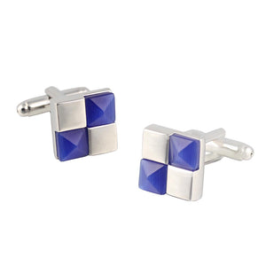 Blue Checkered Square Silver Plated Cufflinks