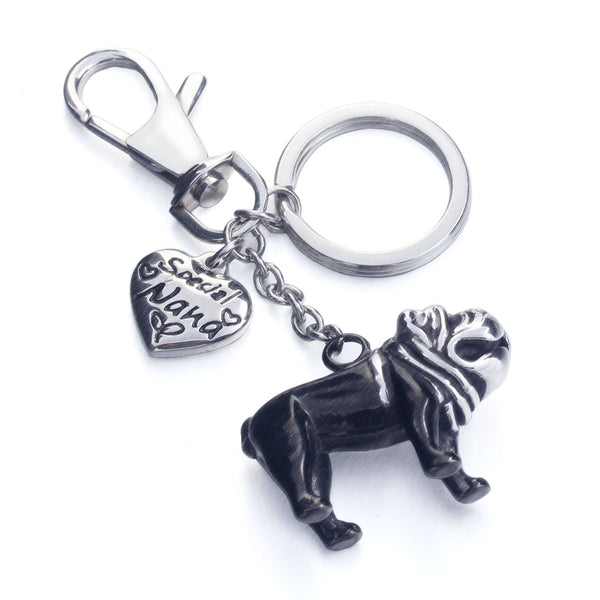 New Love Heart Tag Black Pug Stainless Steel Keychain Dog Clasp Bag Charm KeyRing Clip Car Key Chain for Man and Woman
